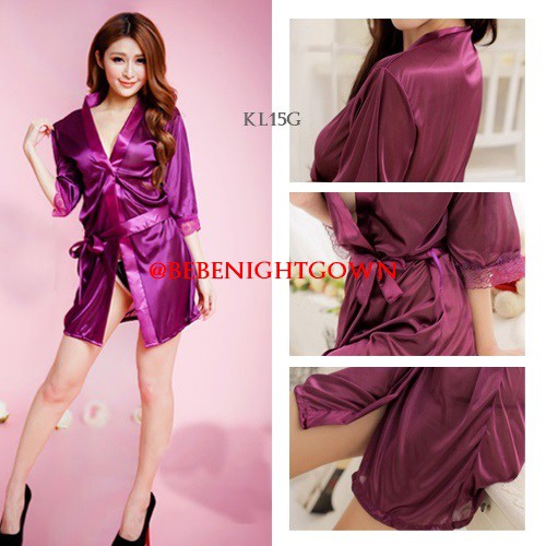 (BEST SELLER) SET KIMONO TIDUR SEXY LINGERIE LACE SATIN UNGU WANITA KL15G