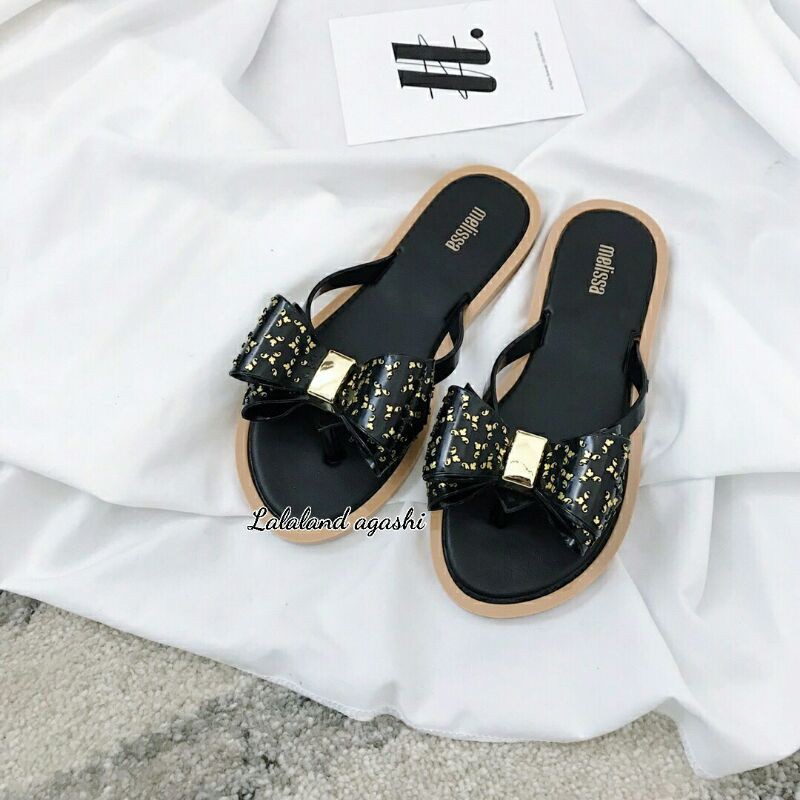 Sandal Melissa Ultragirl Luxe Bow Flats warna BLACK/Sandal jelly melissa/Sandal pita