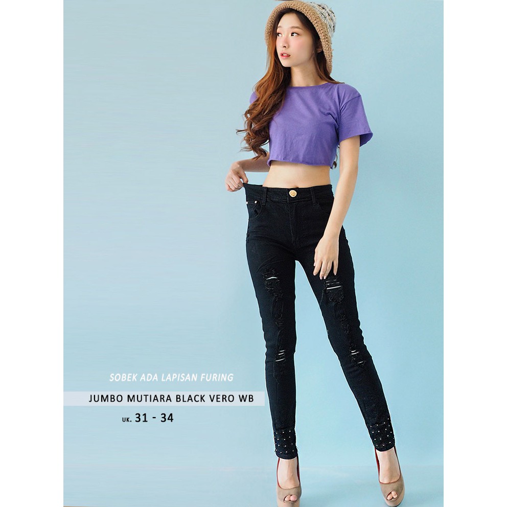  Celana  Wanita Jeans  Sobek  Celana  Jumbo  Mutiara Black 