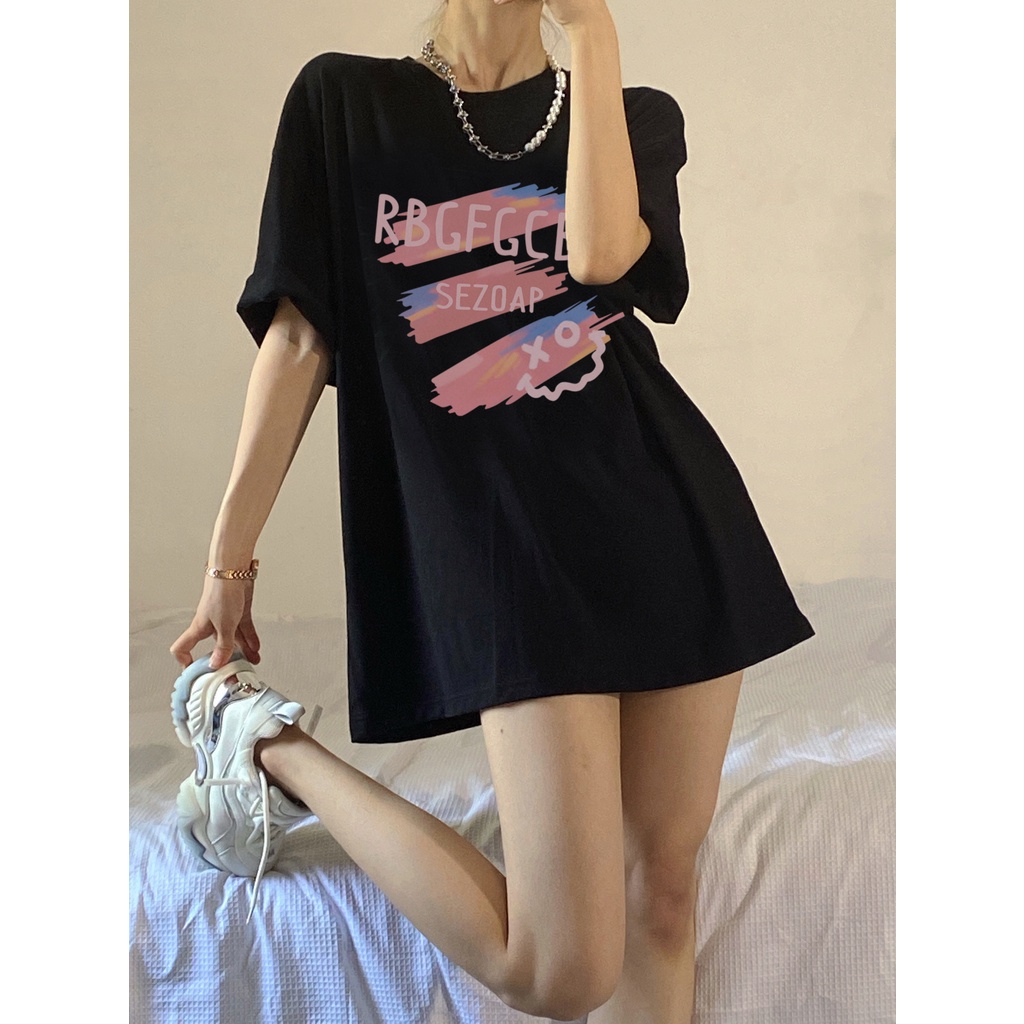 baju atasan wanita korean style letters graphic printing kaos import oversize hitam t shirt