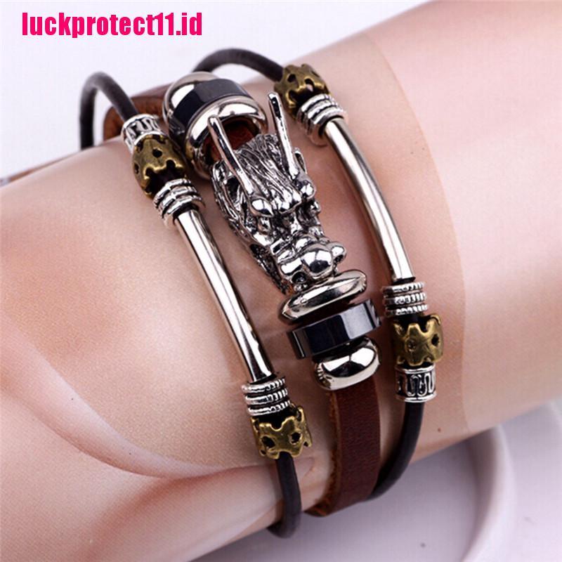 (LUCK) Gelang Tangan Kulit Banyak Lapis Aksen Naga Parataxis Tibet Warna Silver Untuk Pria