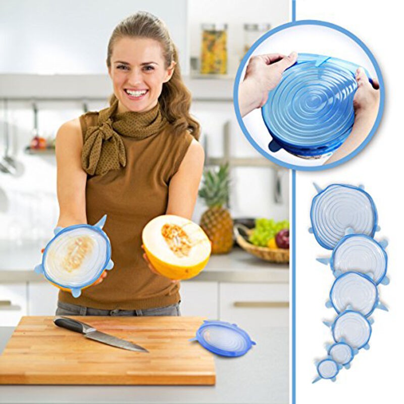 PLASTIK MANGKOK - MICROWAVE / KITCHEN REUSABLE SILICONE WRAP MICROWAVE BOWL SEAL COVER BLUE 6PCS