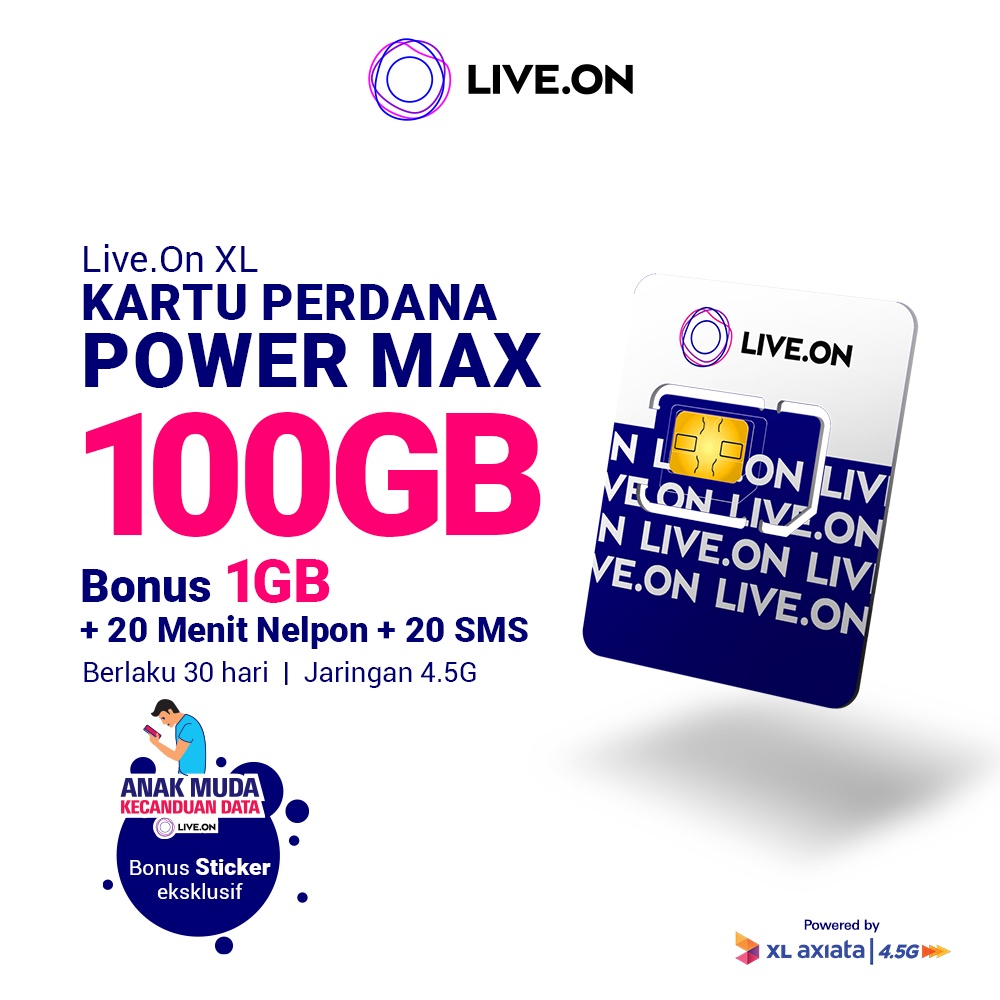 Live.On Kartu Perdana Power Max 100GB + 1GB (30 hari) 4.5G + 20 Menit Nelpon + 20 SMS + Sticker F