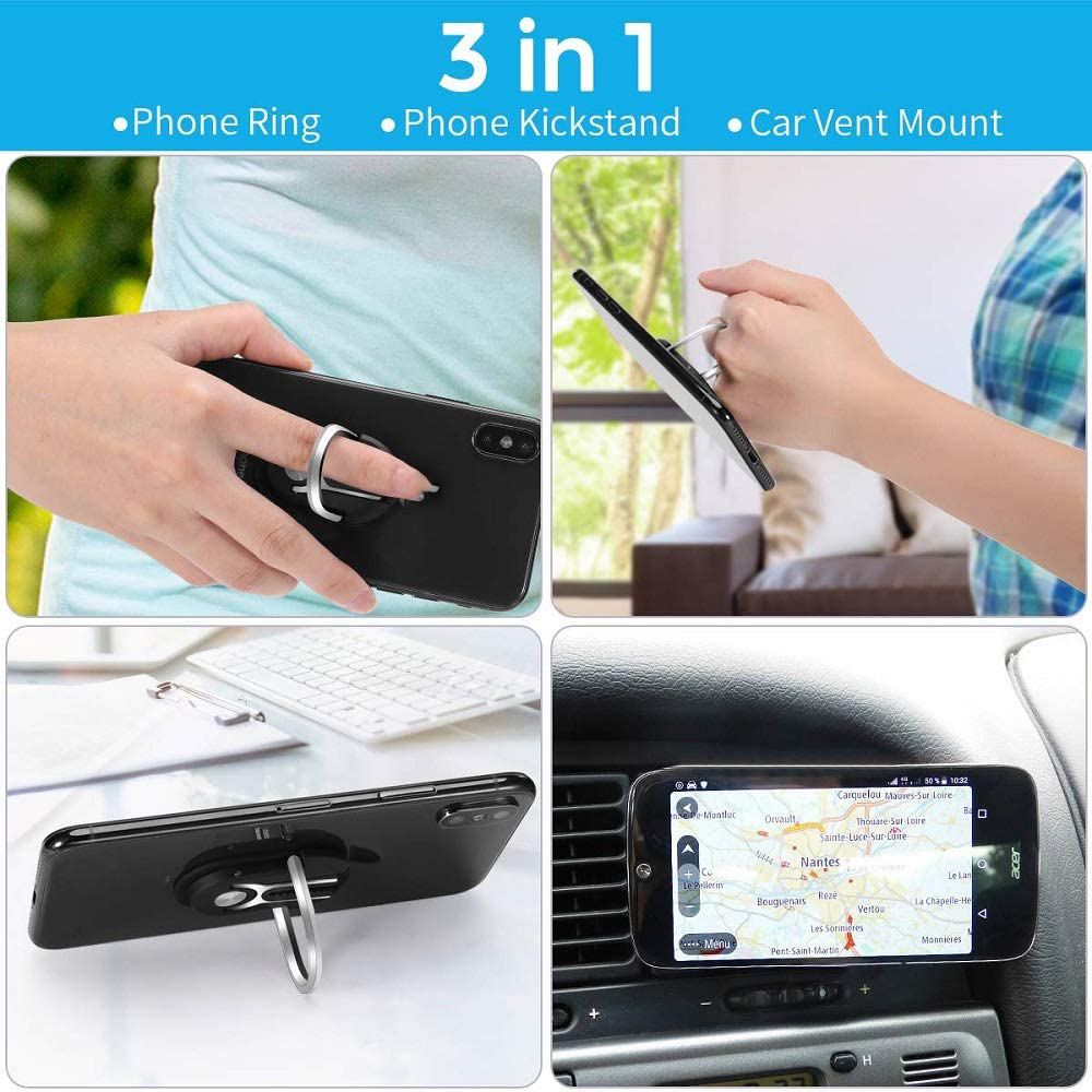 Phone Ring Holder, 2 in 1 Air Vent Car Phone Mount 360° Rotation Metal Finger Ring Grip Stand Cell Phone Holder for Car