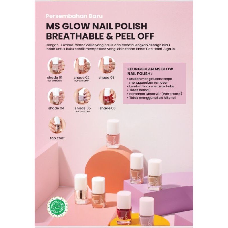 MS GLOW Breathable &amp; Peel Off Nail Polish Indonesia / Kutek Halal Top Coat Cat Kuku Bening Art Serum