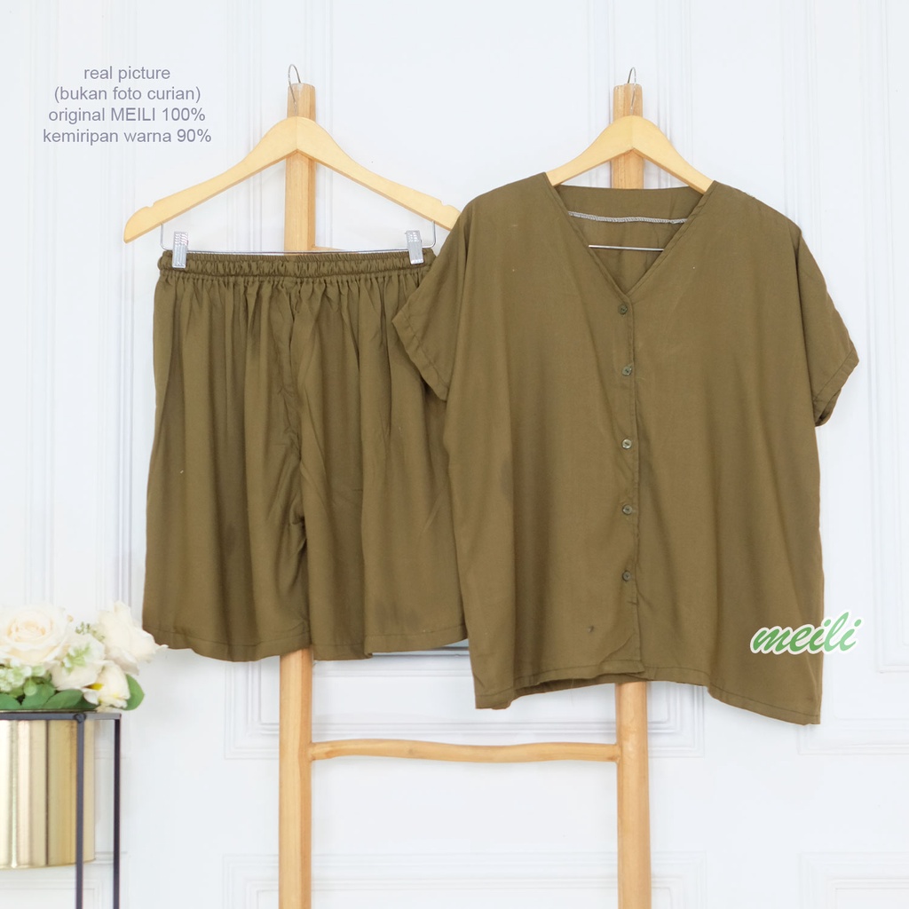 BIGSIZE | XXL 5L LD 120 140 Gemoy Oneset Rayon Polos Aneka Warna Setelan Piyama Jumbo Celana Pendek Sleep Wear Original Meili-Olive