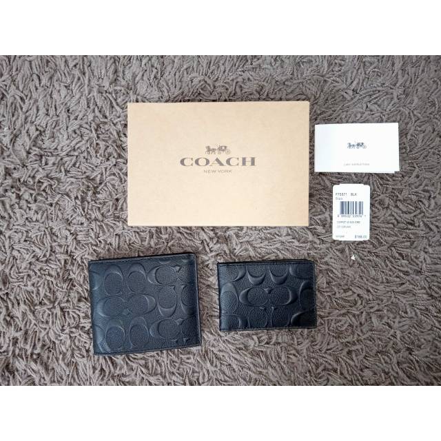 Coach Wallet Men Embossed Compact ID Sign Black + Coach Box