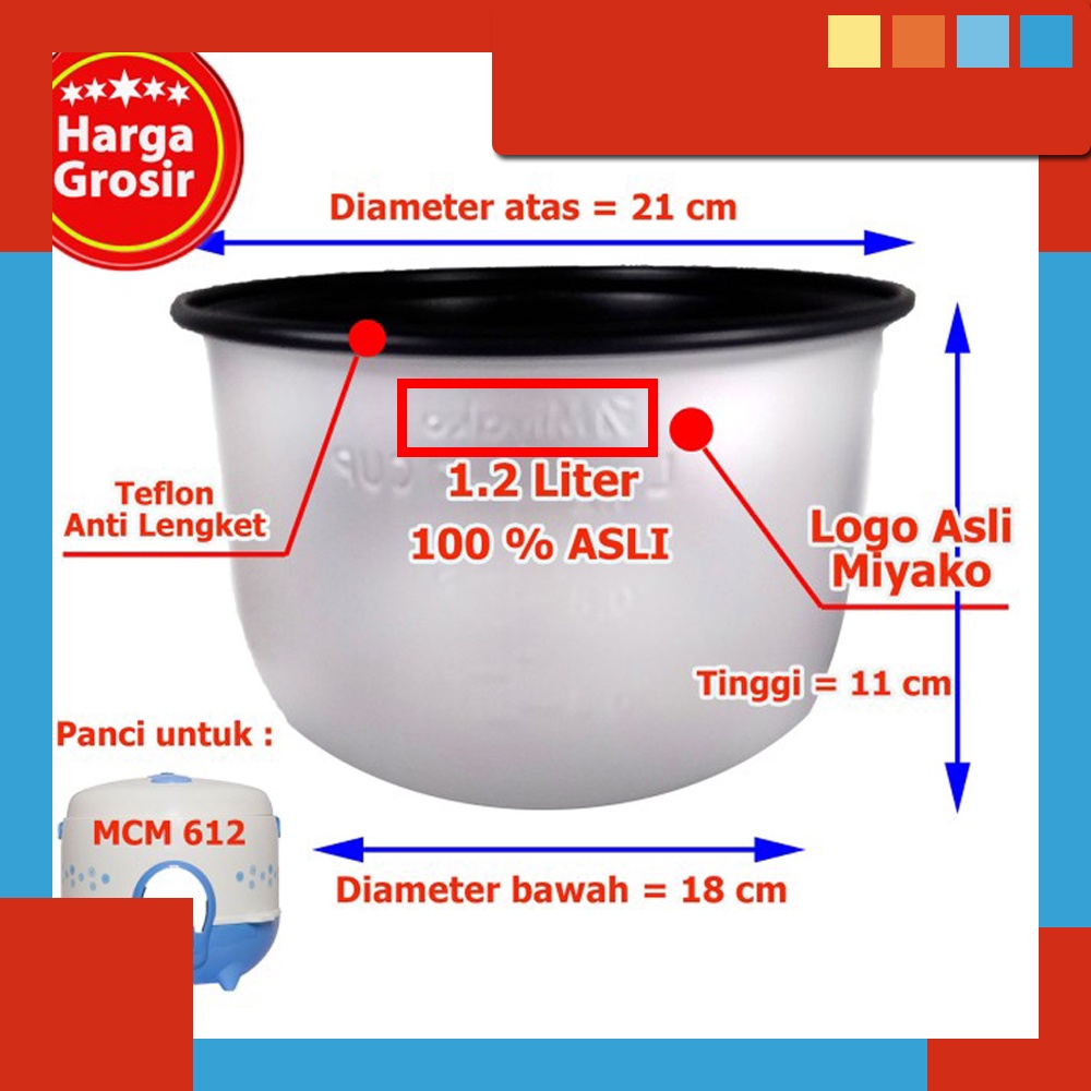 ASLI ORIGINAL dengan UKIRAN LOGO Inner Pot Panci TEFLON Rice Cooker Miyako MCM-612 MCM 612 Original 1,2 Liter L