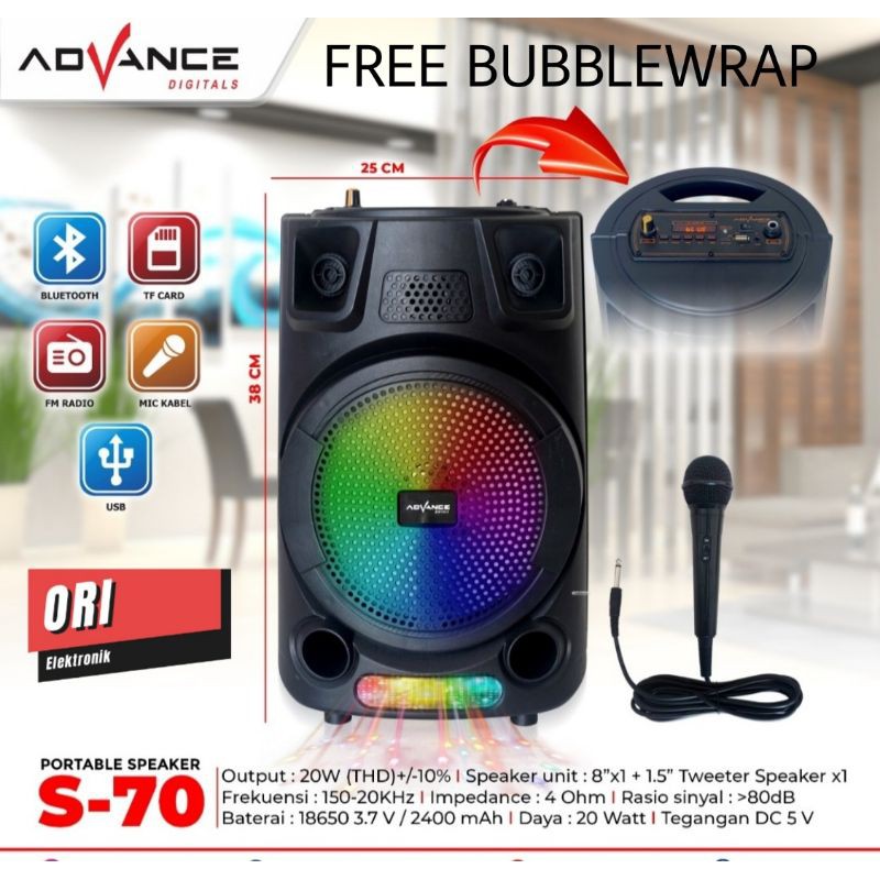 ADVANCE SPEAKER PORTABLE BLUETOOTH S-70 ( FREE BUBBLEWRAP)