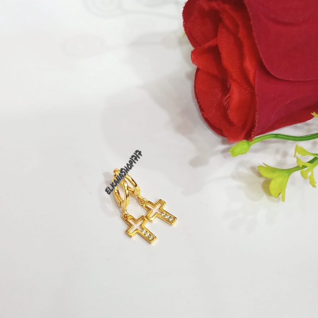 Anting Jepit Jurai salib trendy logam emas Korea tidak karat