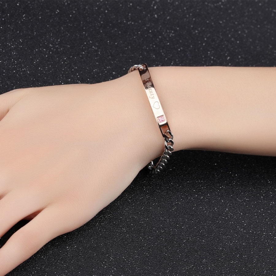 His Queen &amp; Her King Gelang Tangan Rantai Titanium Steel Warna Rose Gold / Hitam / Silver Untuk Pria / Wanita