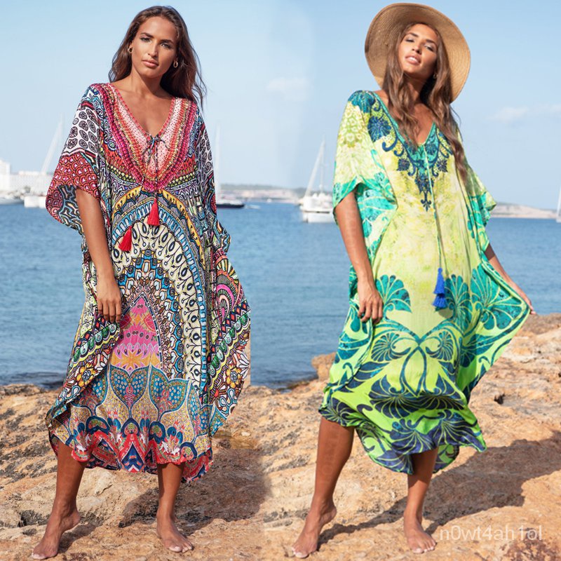 2022 Moroccan Kaftan Bohemian Printed Summer Dress Long Tunic Women Plus Size Beach Wear Swim Suit C