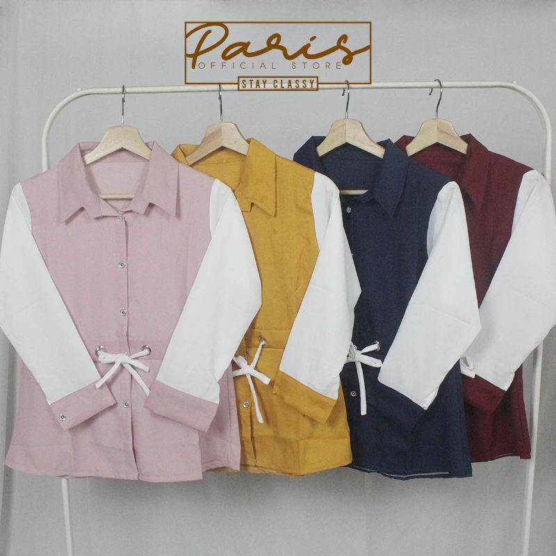 Kemeja Wanita Polos Basic Casual Kombinasi Warna Lengan Panjang Kekinian Korean Style