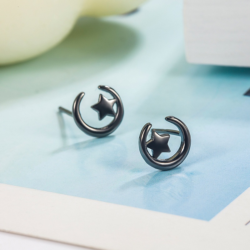 Anting Stud 925 Sterling Silver Needle Bentuk Bulan Bintang Gaya Korea Untuk Wanita