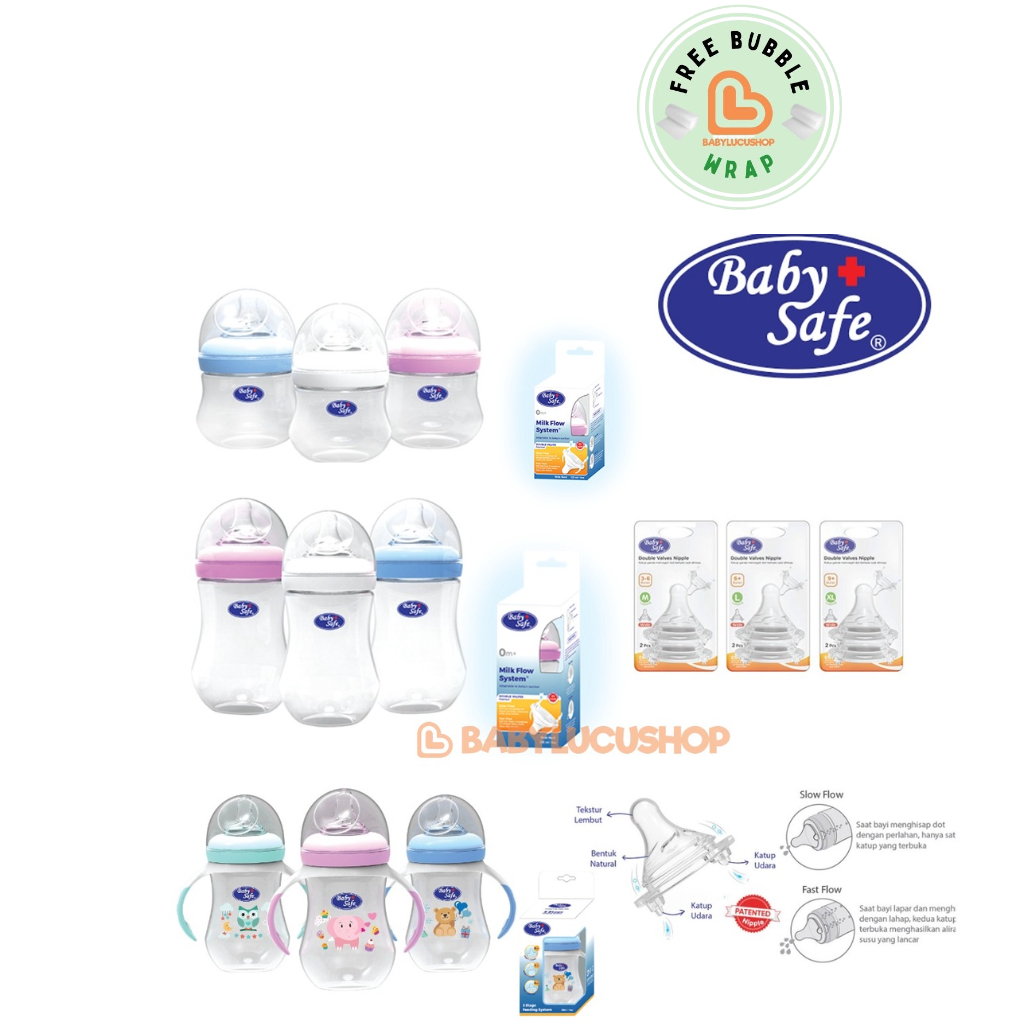 Baby Safe Dot &amp; Botol Wide Neck Milk Flow System Bottle And 3 Stage Feeding Bottle Botol Wideneck 125ml 250 ml BabySafe WN001 WN00 WN302