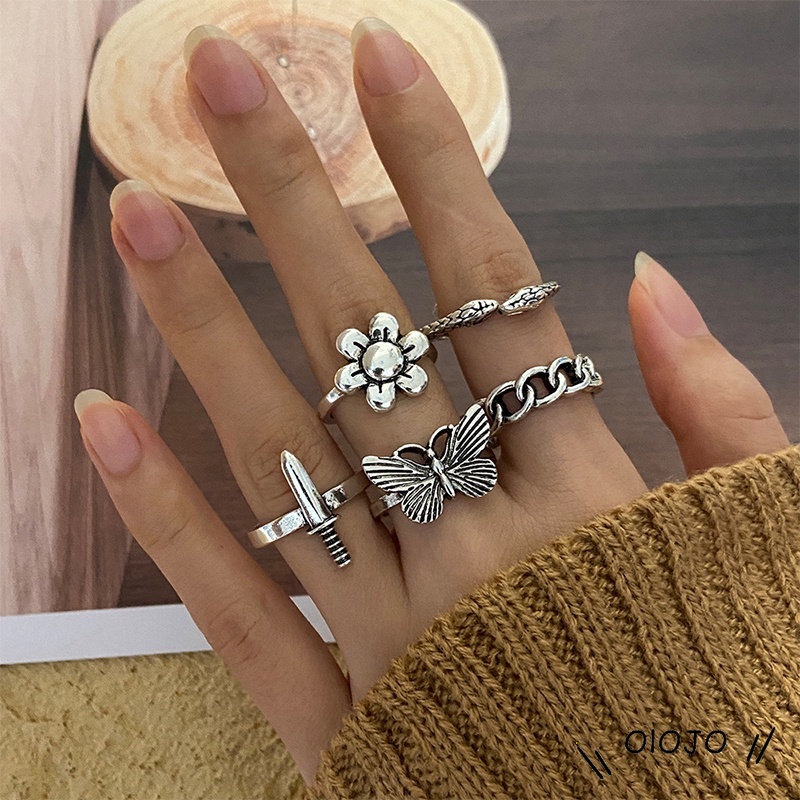 5Pcs Retro Cincin Kupu-kupu Set Sederhana Kreatif Cincin Fashion Wanita Aksesoris Hadiah Untuk Sahabat - ol