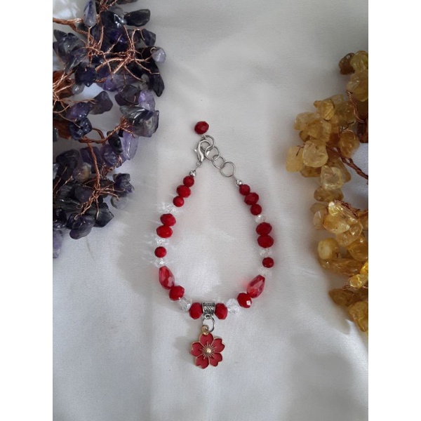 Gelang batu kristal merah mix putih gelang charm bunga