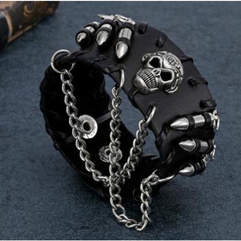 Gelang Rantai Logam Tengkorak Bahan Kulit Warna Hitam Dapat Disesuaikan Gaya Punk Rock Gothic Untuk Pria