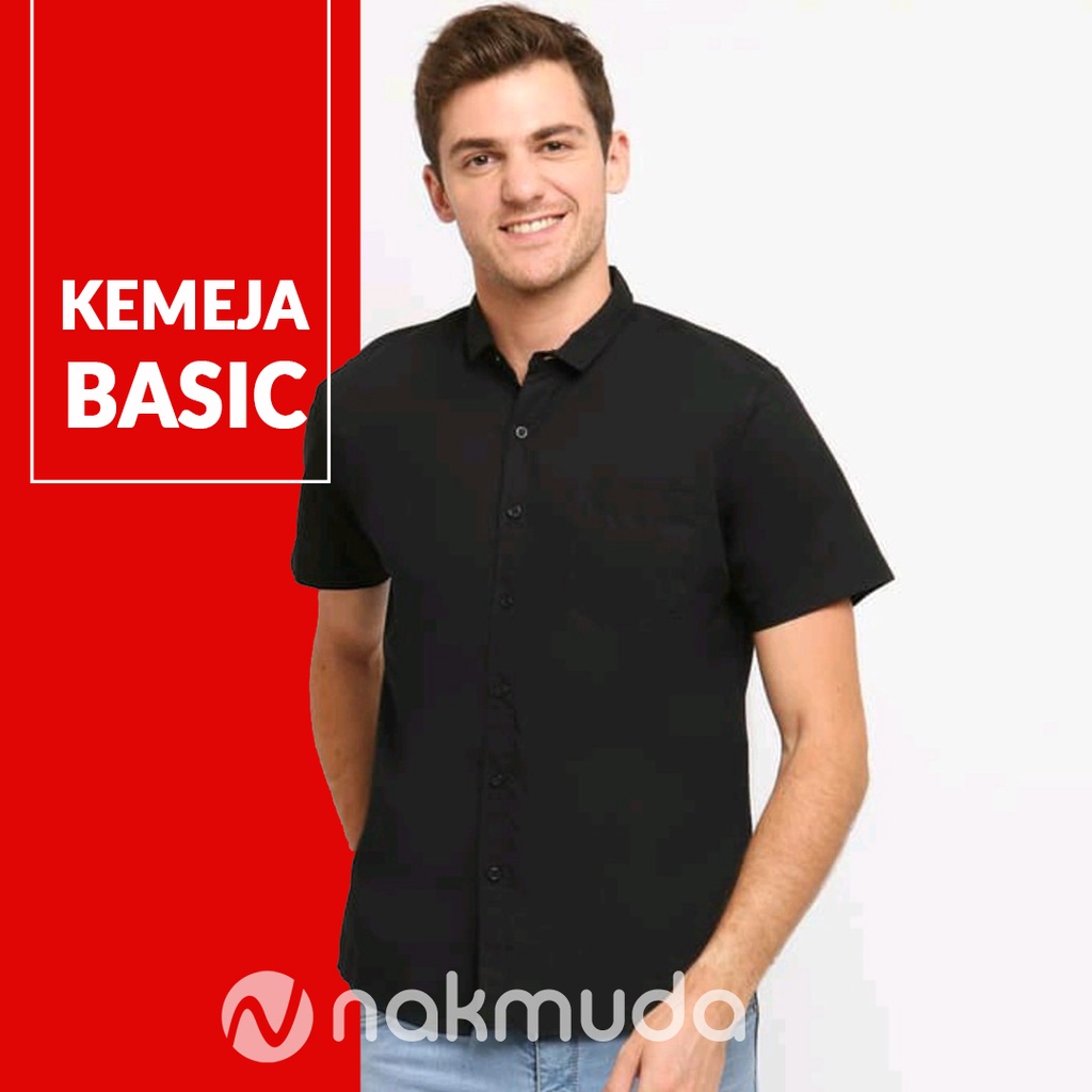 Kemeja Pria Lengan Pendek Polos Casual Basic Formal Hitam Hem Slimfit