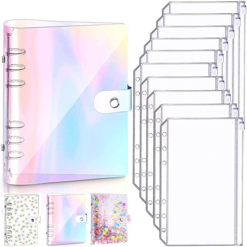 A6 Clear Soft PVC Notebook Binder Cover Planner 6-Ring Loose-Leaf Folder Cash Budget Envelope System with10 PCS Pockets