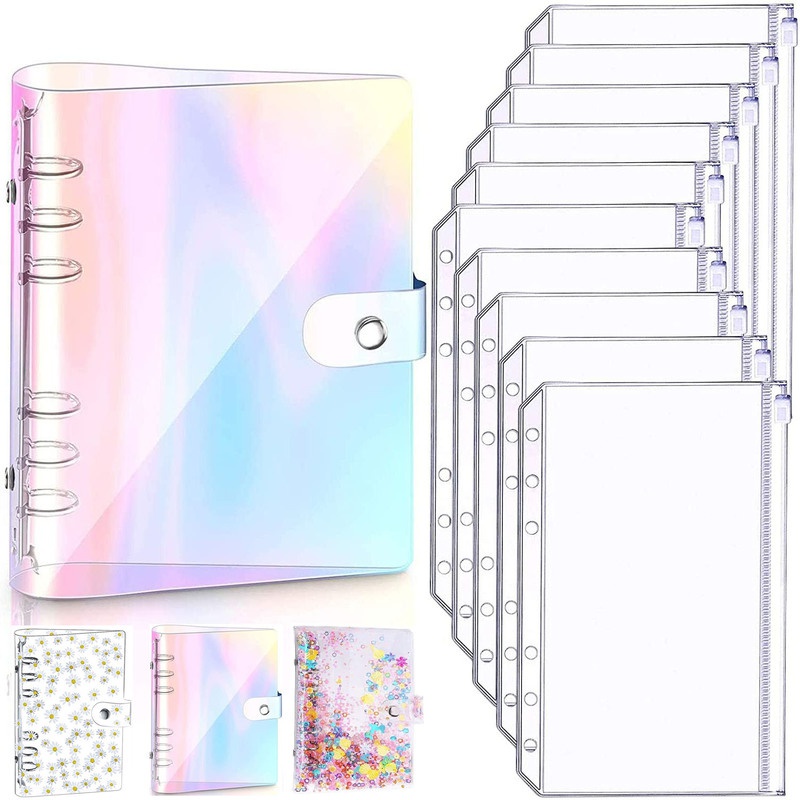 A6 Clear Soft PVC Notebook Binder Cover Planner 6-Ring Loose-Leaf Folder Cash Budget Envelope System with10 PCS Pockets