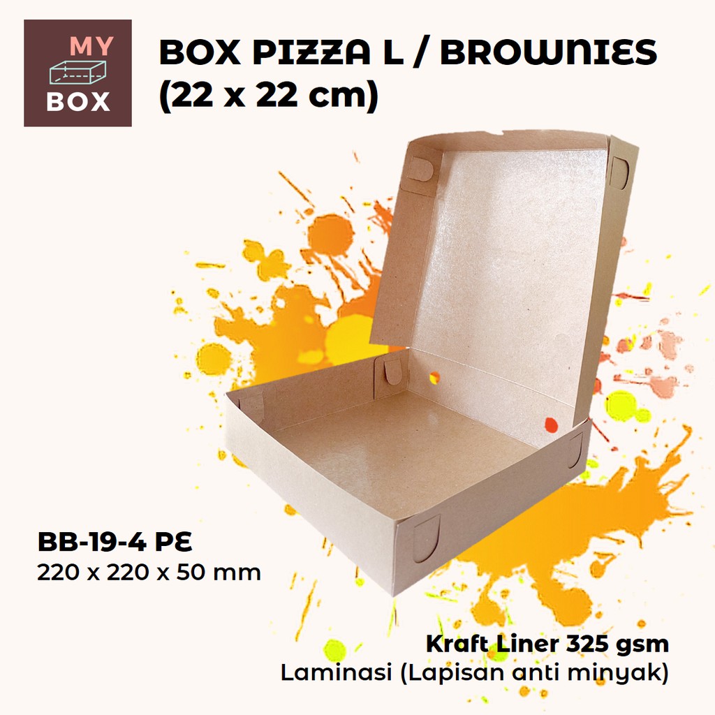

BOX DUS KARDUS KOTAK PIZZA KUE ROTI BROWNIES (L) BB-19-4 PE 22x22x5 cm KRAFT 325 gsm LAMINASI