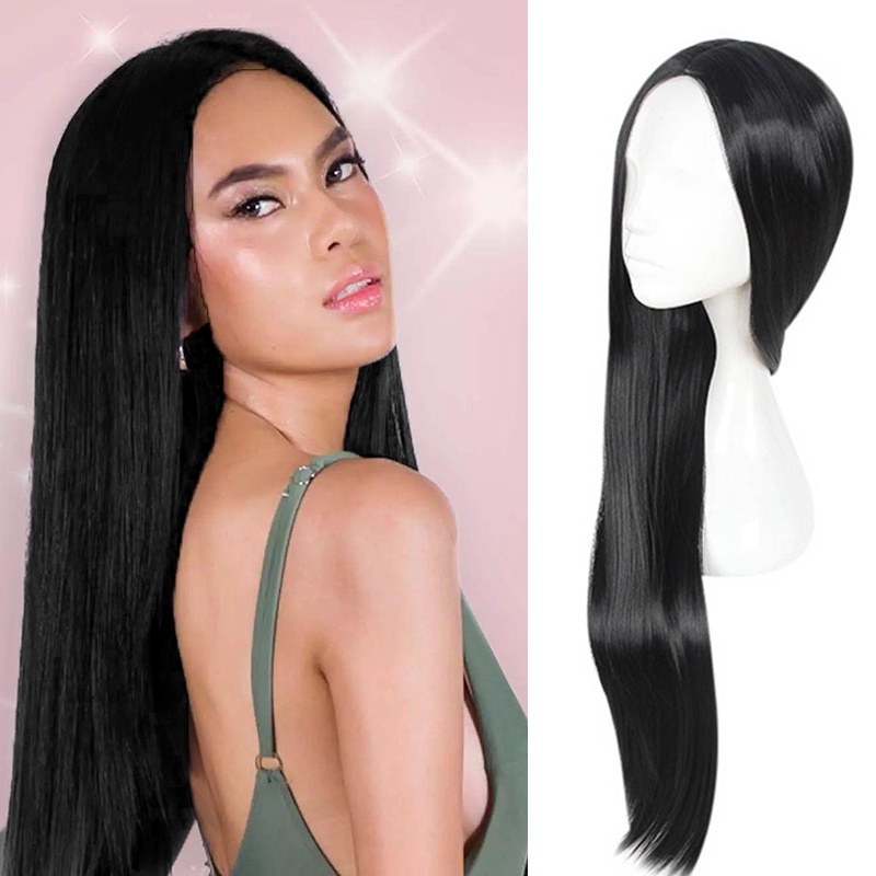 Wig / Rambut Palsu Wanita Model Panjang Lurus 70cm Warna Hitam Untuk Cosplay