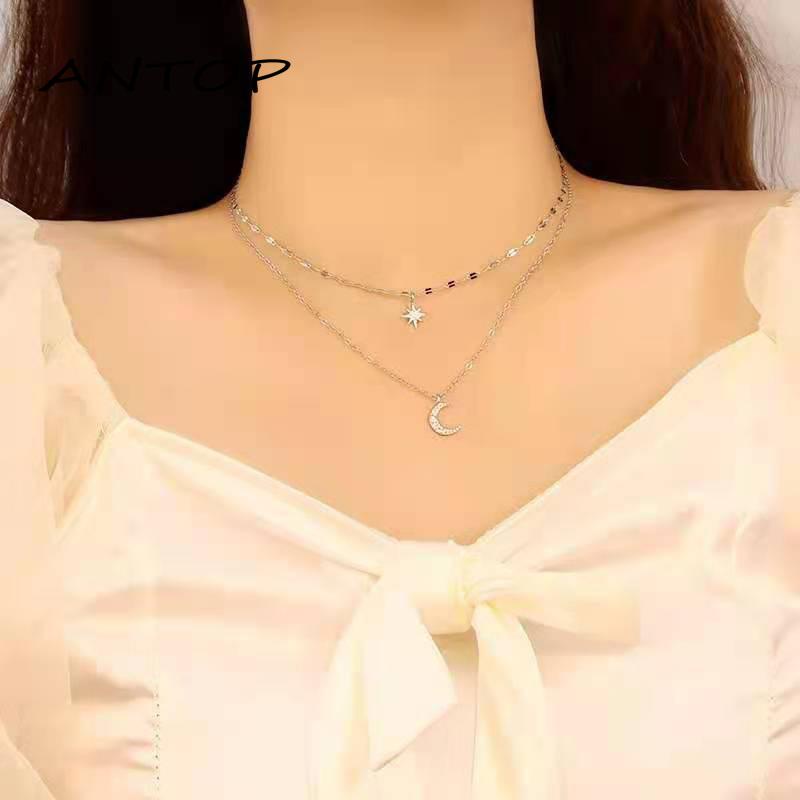 Kalung Rantai Double Layer Bentuk Bulan Bintang Untuk Wanita