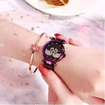 Jam Tangan Wanita Korea Strap Magnet Swarovskiy Double Angsa