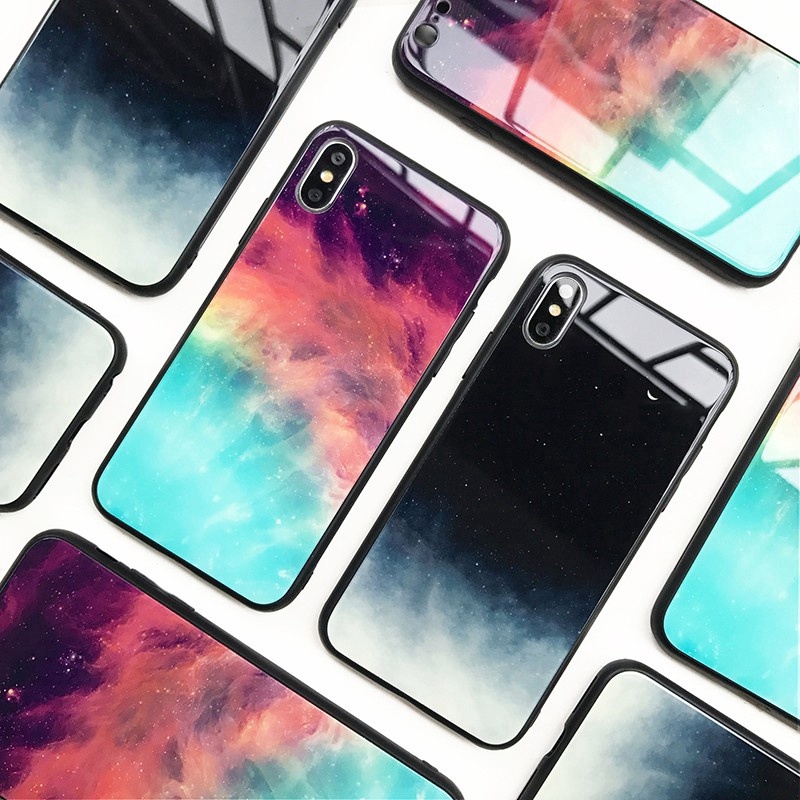 Warna Aurora langit berbintang kaca tempered Hard Case iPhone 11 Pro Max XR XS SE2 6 7 8Plus Case