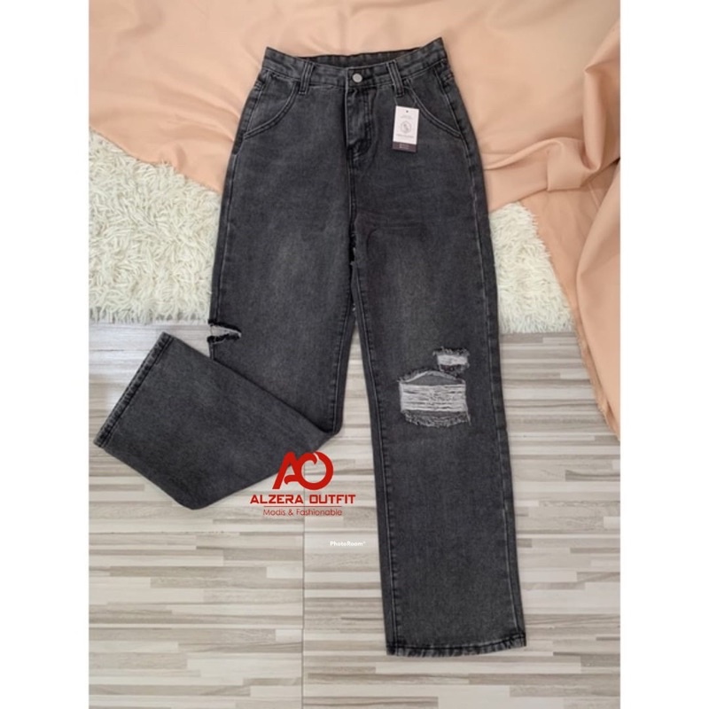 Alzera Highwaist Jeans Sobek Kulot Loose Terkini