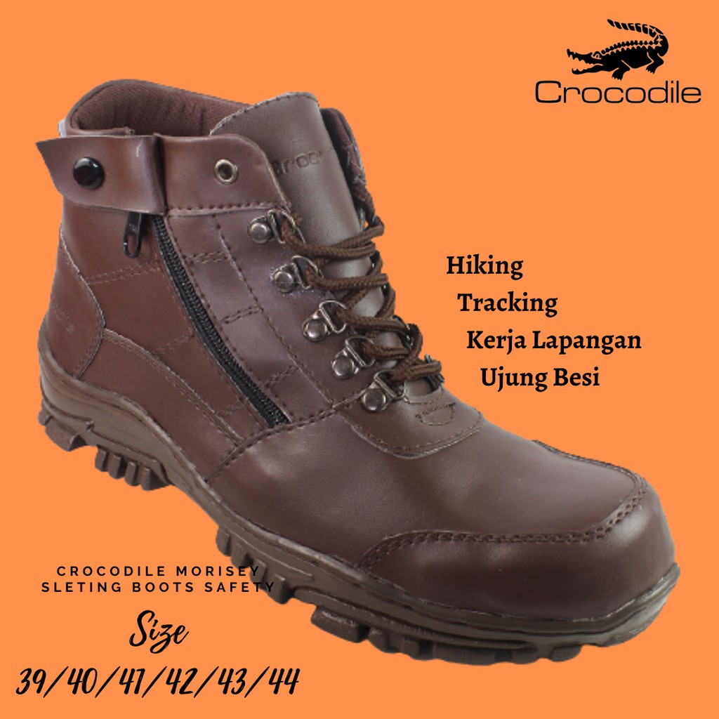 BIG SALE - Sepatu Safety Ujung Besi Crocodile Morisey Zip Coklat Sepatu Boots Proyek Kerja Lapangan