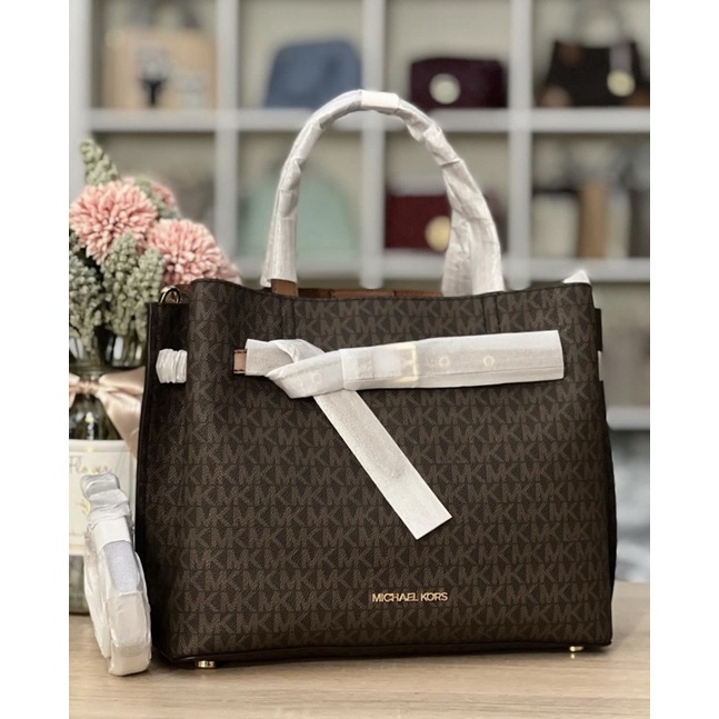MK emilia satchel LG logo brown