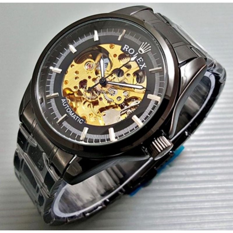 Jam Tangan Stainless Steel Otomatis Skeleton Garis Transparan Tanpa Baterai