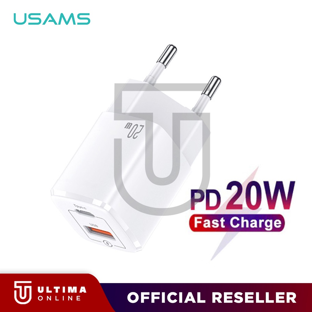 USAMS Adaptor Kepala Charger Dual Port Type C+USB Fast Charging PD 20W