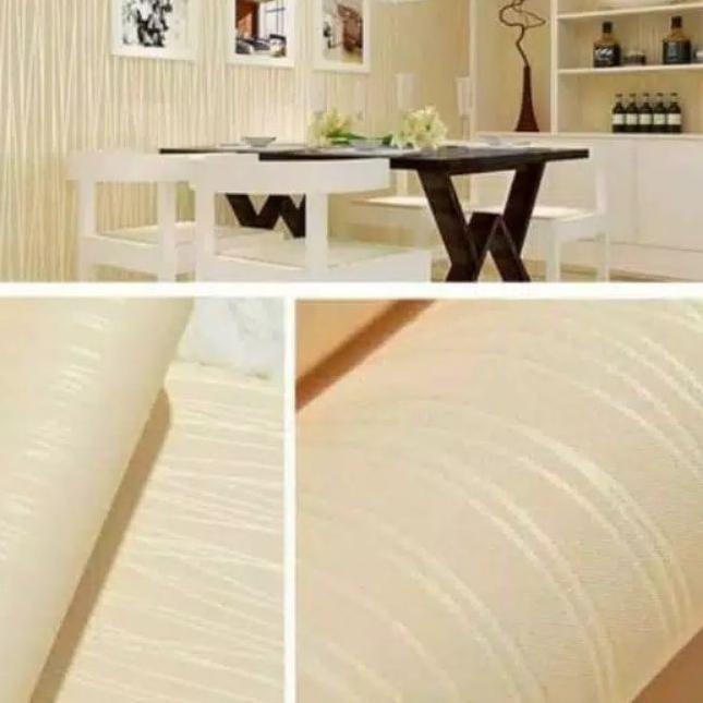 ➼ Wallpaper Sticker Dinding Motif Salur Kream Polos Dan Timbul Mewah Elegan ❃