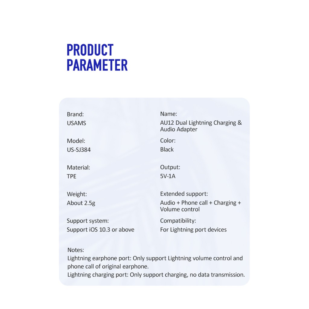 USAMS Adaptor Dual Lightning Charging and Audio US-SJ384 Original