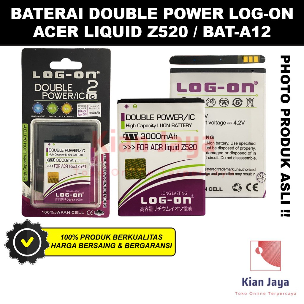 Baterai Double Power Log-on Hp Acer Liquid Z520 BAT-A12 BAT A12 Batre Batrai Battery Original BATA12 Logon