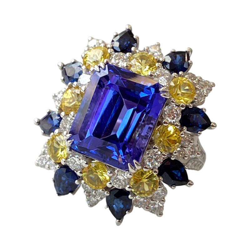 Cincin Bentuk Persegi Geometri Aksen Cubic Zirconia Warna Biru Gaya Eropa Amerika Untuk Wanita