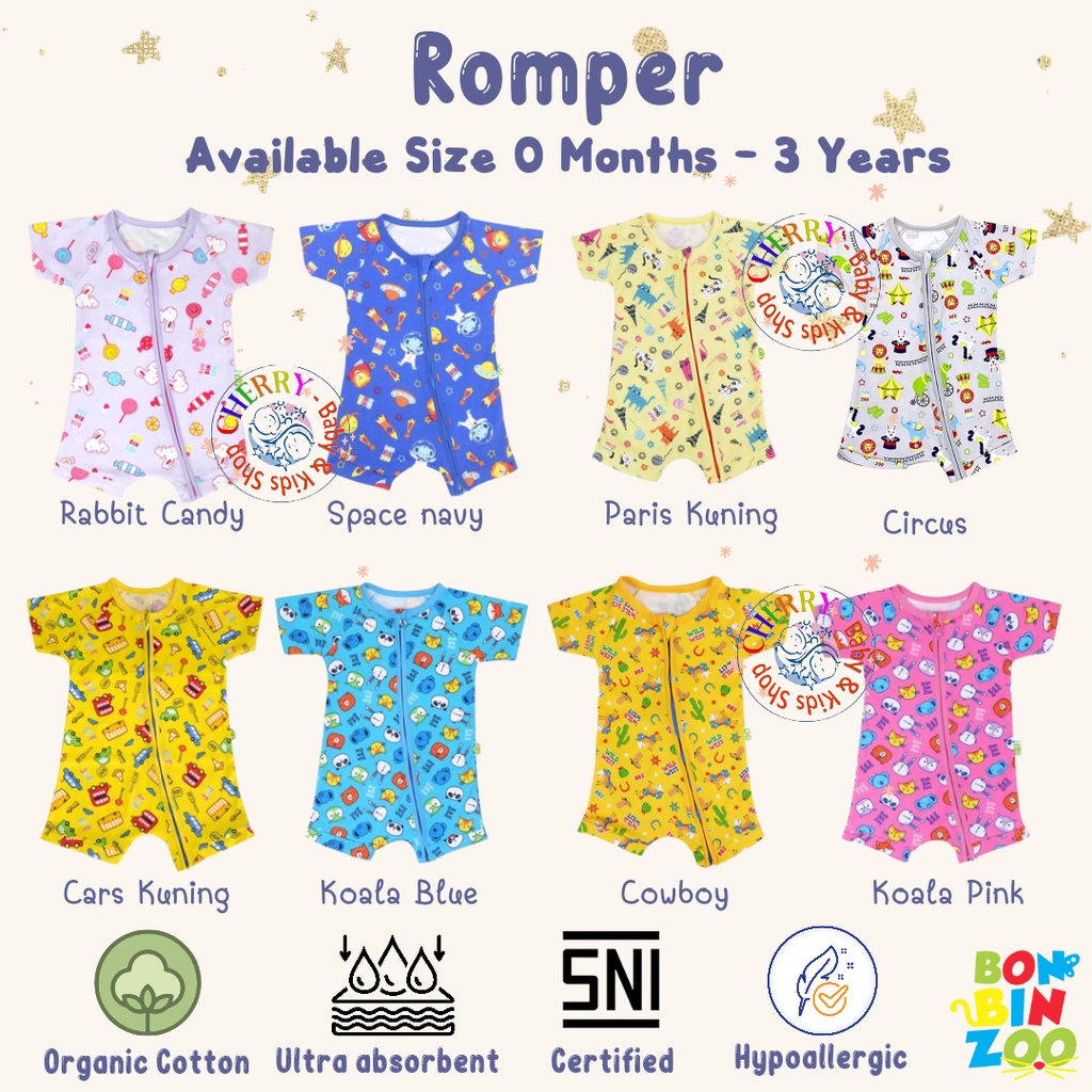 Romper Pendek Resleting Bonbinzoo SNI uk 0-3m / 3-6m / 6-12m SML CBKS SO