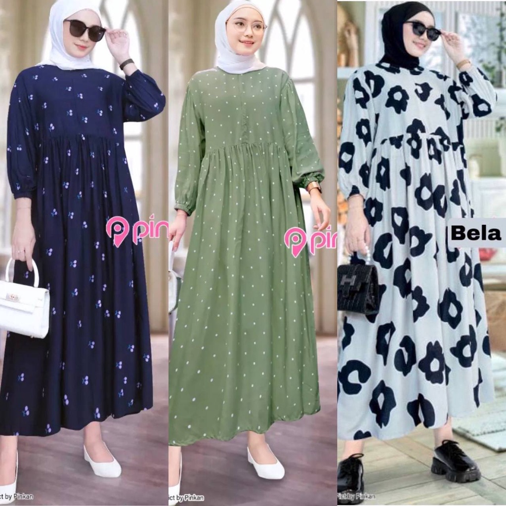 Sanso midi dress busui mola katun rayon motif polka long tunik terlaris terbaru