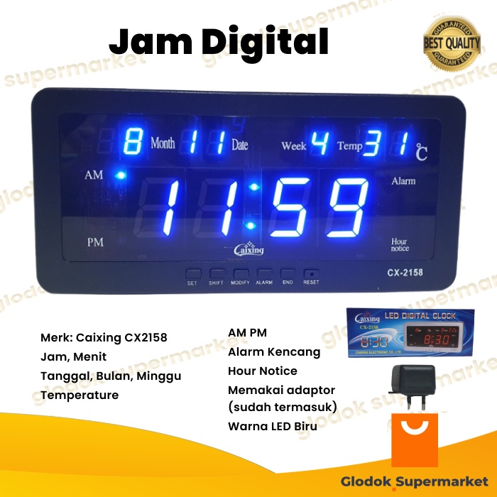 Jam Digital LED Biru Kalender Temperature Alarm Dinding Clock Caixing CX2158