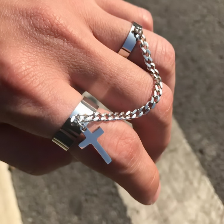 INS Style Simple Chain Cross Combination Ring / Punk Hip-Hop Integrated Ring / Cross Opening Ring Set  Men And Women Trend Jewelry