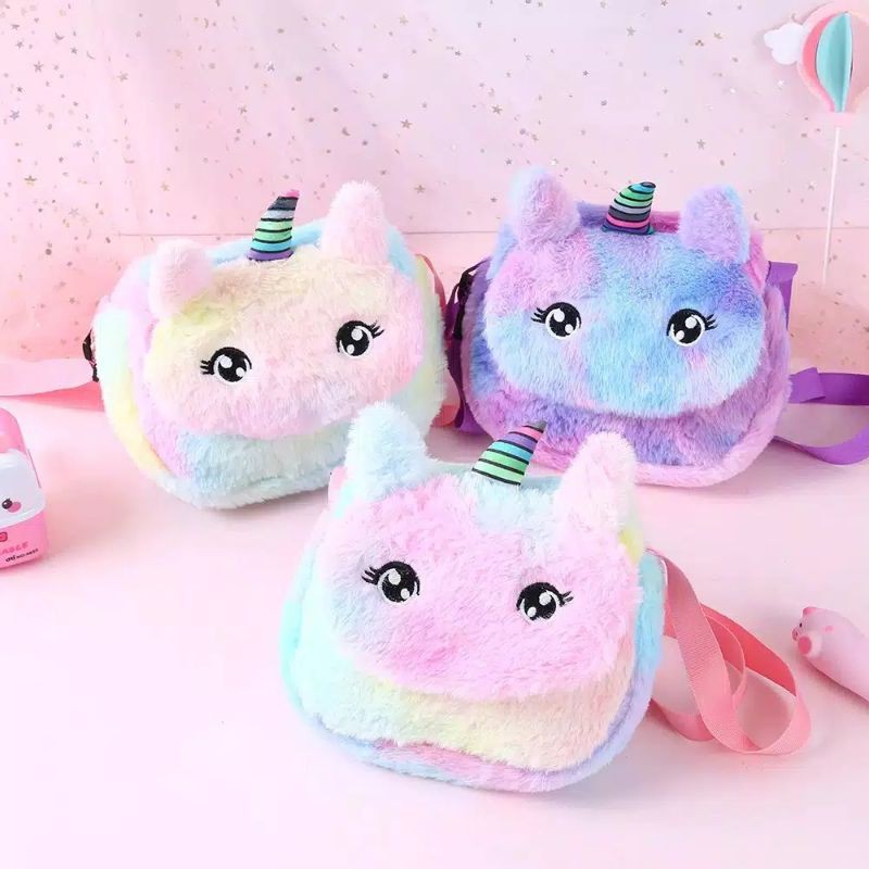 Tas selempang anak motif unicorn/tas pinggang anak unicorn/tas import anak unicorn bulu lembut/tas jelly pop it
