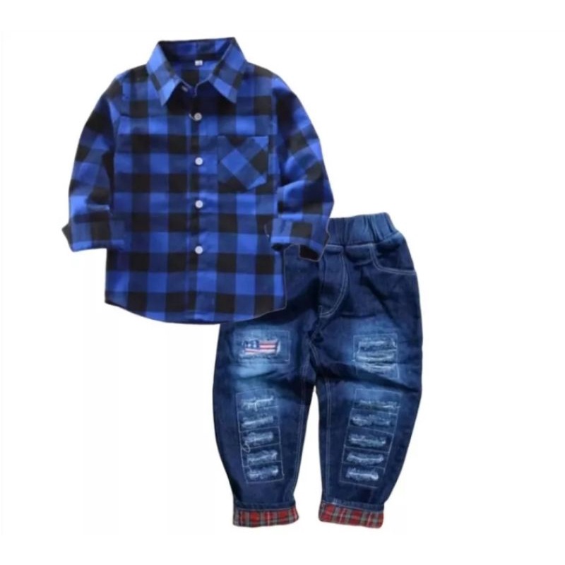 Kemaja Set | Setelan Kemeja Flanel Anak Laki-Laki 1-7 Tahun/Setelan Anak Kemeja Flanel Bawahan Jeans Denim Termurah