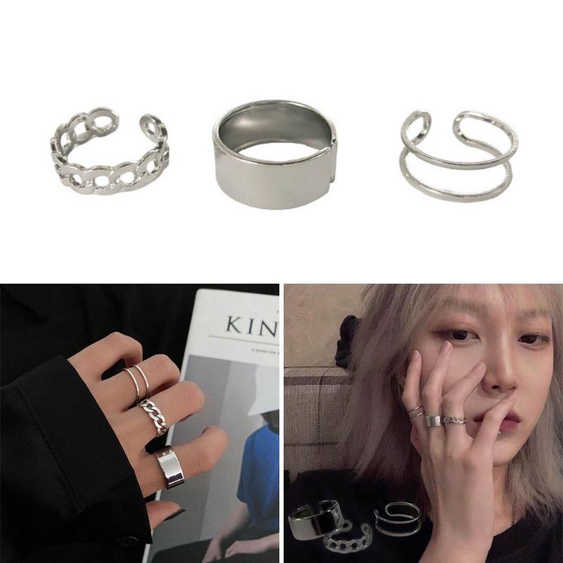 3pcs / Set Cincin Warna Silver Gaya Vintage Korea Untuk Wanita