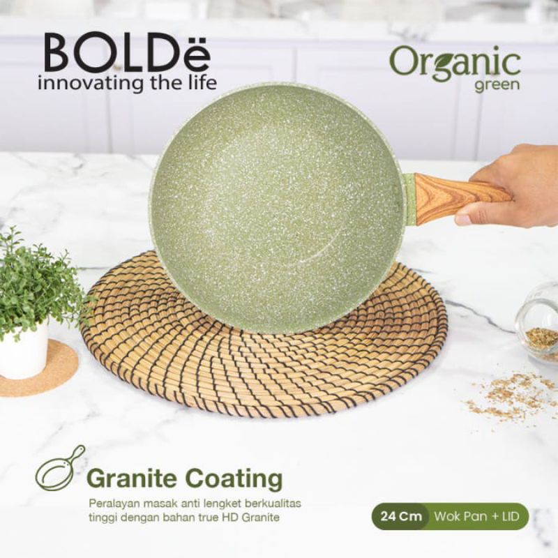 BOLDe Organic Green Wok Pan 24 cm + Glass Lid