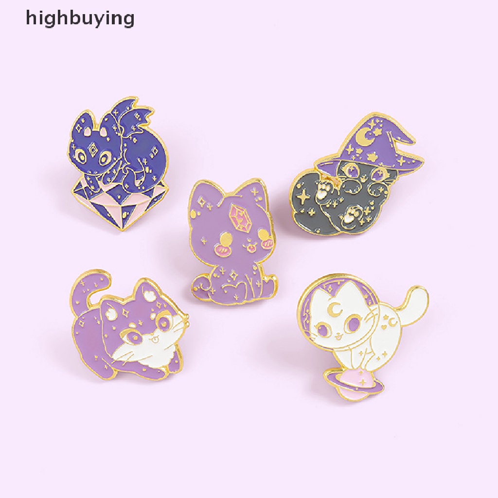 Hbid Bros Pin Enamel Desain Kucing + Topi Penyihir + Langit Berbintang Warna Ungu