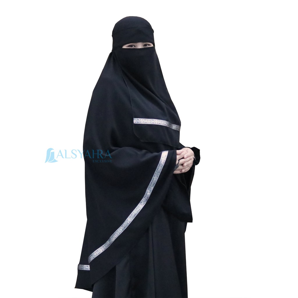 Set Khimar Syari Pita India Non Pet Niqab Bandana Jetblack Edition Alsyahra Exclusive