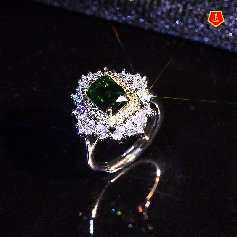 [Ready Stock]Luxury Inlaid Emerald Open Ring